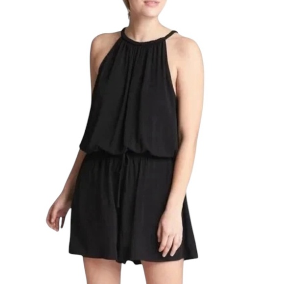 NWT Michael Lauren Tie Shoulder Smocked Waist Knit Mini Dress Black Size L - Picture 1 of 8